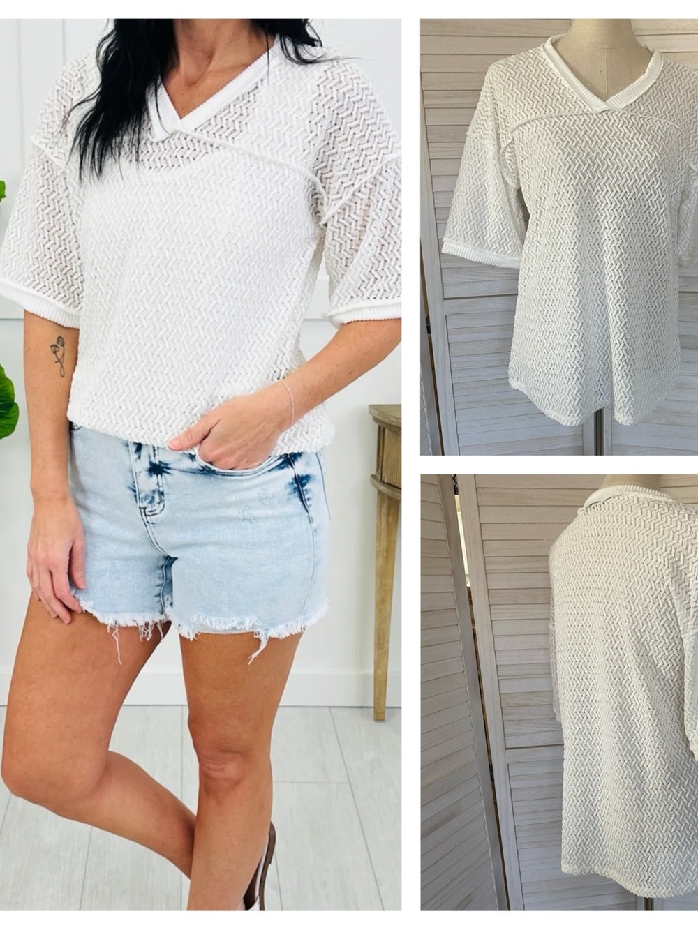 HEIMISH USA White Open Knit Textured V-Neck Top Reverse Stitch SZ M